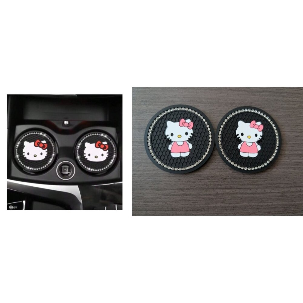 4PC Hello Kitty Silver Car Coasters Universal Fit Non-Slip Auto Cup Holder